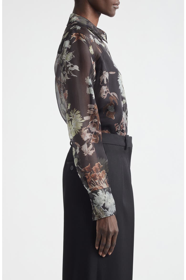 Chika Floral Print Sheer Silk Organza Button-Up Shirt, Alternate, color, BLACK FLOWERS
