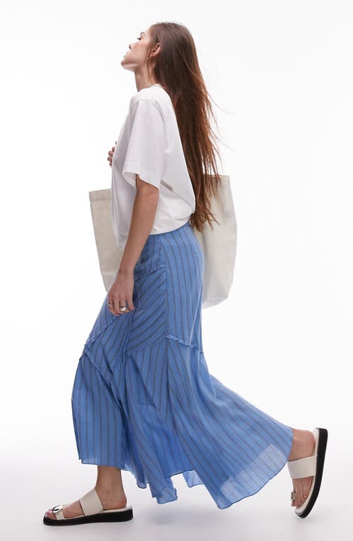 Topshop Patchwork Stripe Asymmetric Maxi Skirt In Medium Blue