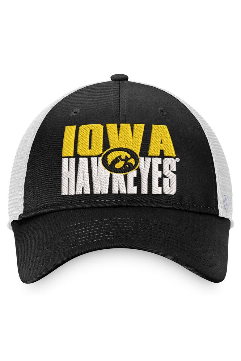 Men's Top of the World Black/White Iowa Hawkeyes Stockpile Trucker Snapback Hat, Alternate, color, Black