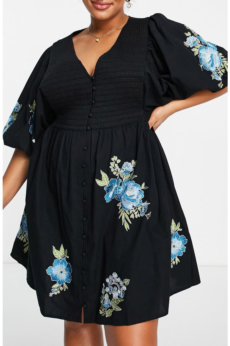 Curve Floral Embroidered Shirred Minidress, Alternate, color, BLACK