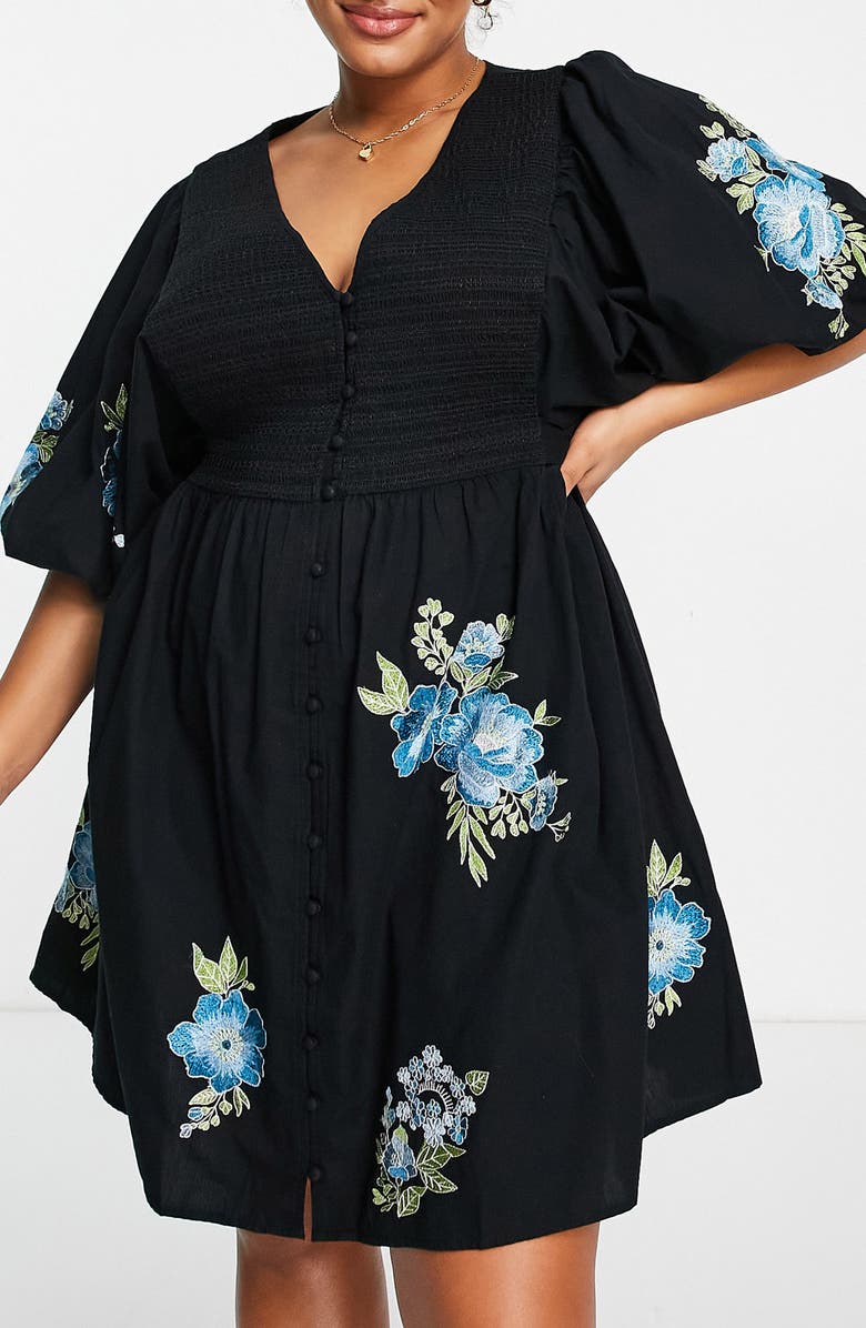 ASOS DESIGN Curve Floral Embroidered Shirred Minidress, Alternate, color, 