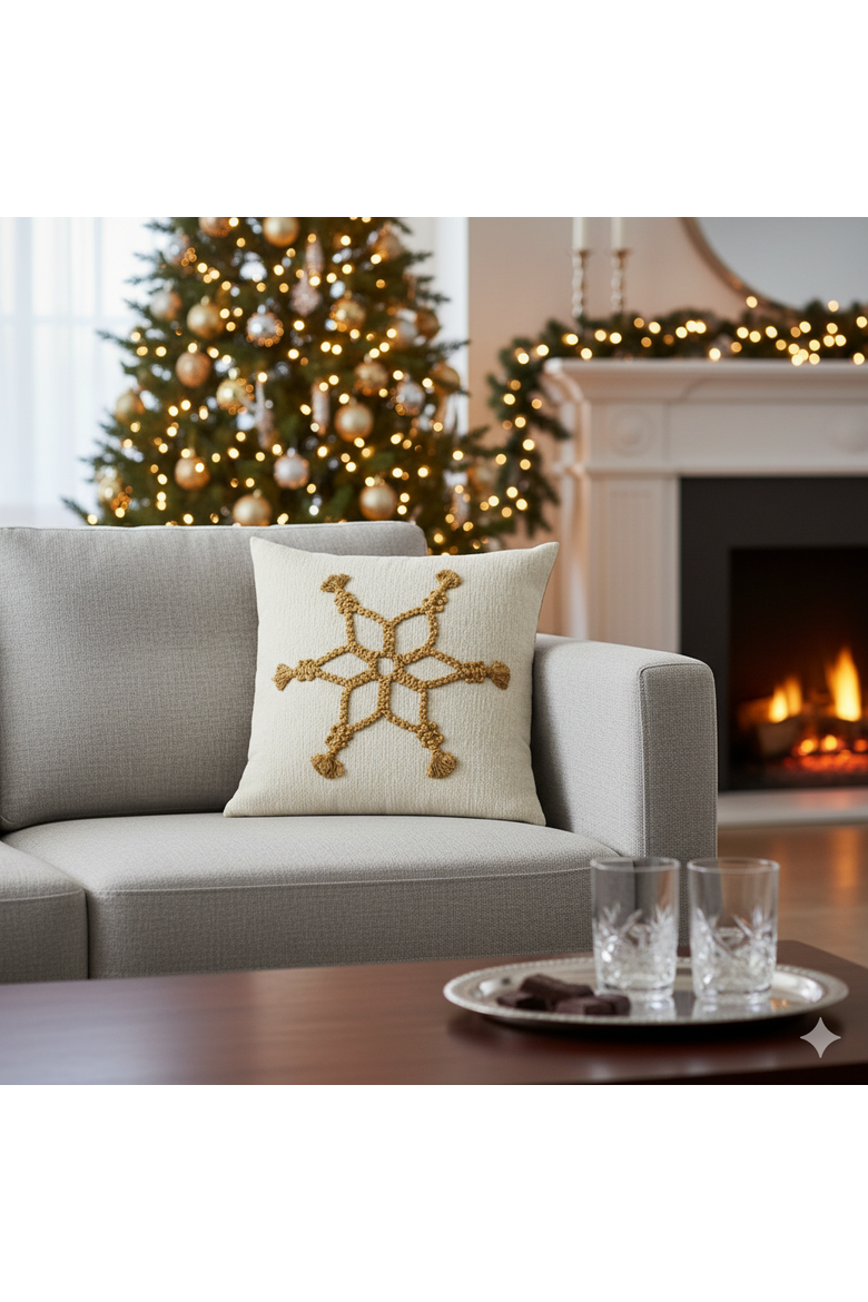Snowflake Gold Indoor & Outdoor Woven Accent Holiday Pillow, Alternate, color, Gold