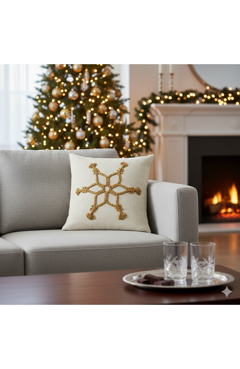 Elaine Smith Snowflake Gold Indoor & Outdoor Woven Accent Holiday Pillow, Alternate, color, Gold