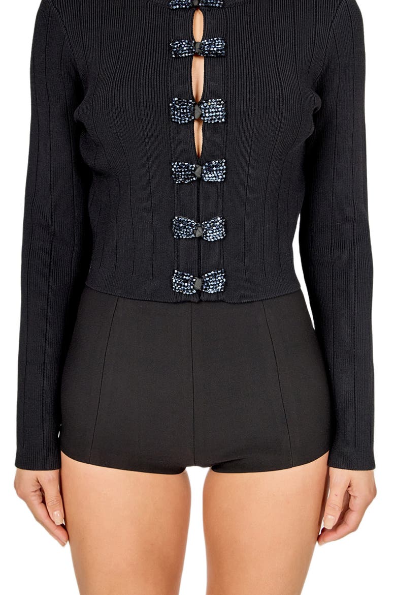 Bow Detail Crop Rib Cardigan, Alternate, color, BLACK