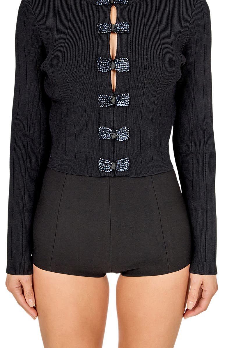 Endless Rose Bow Detail Crop Rib Cardigan, Alternate, color, Black