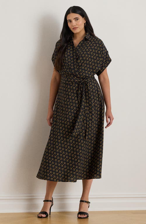 Ralph Lauren Lauren Chain Print Tie Waist Long Sleeve Crepe Shirtdress In Green