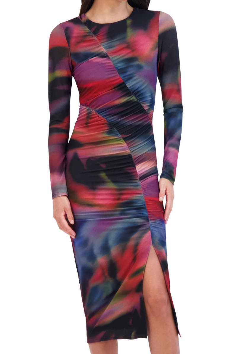 Vince Camuto Ruched Long Sleeve Body-Con Dress, Alternate, color, Red Multi