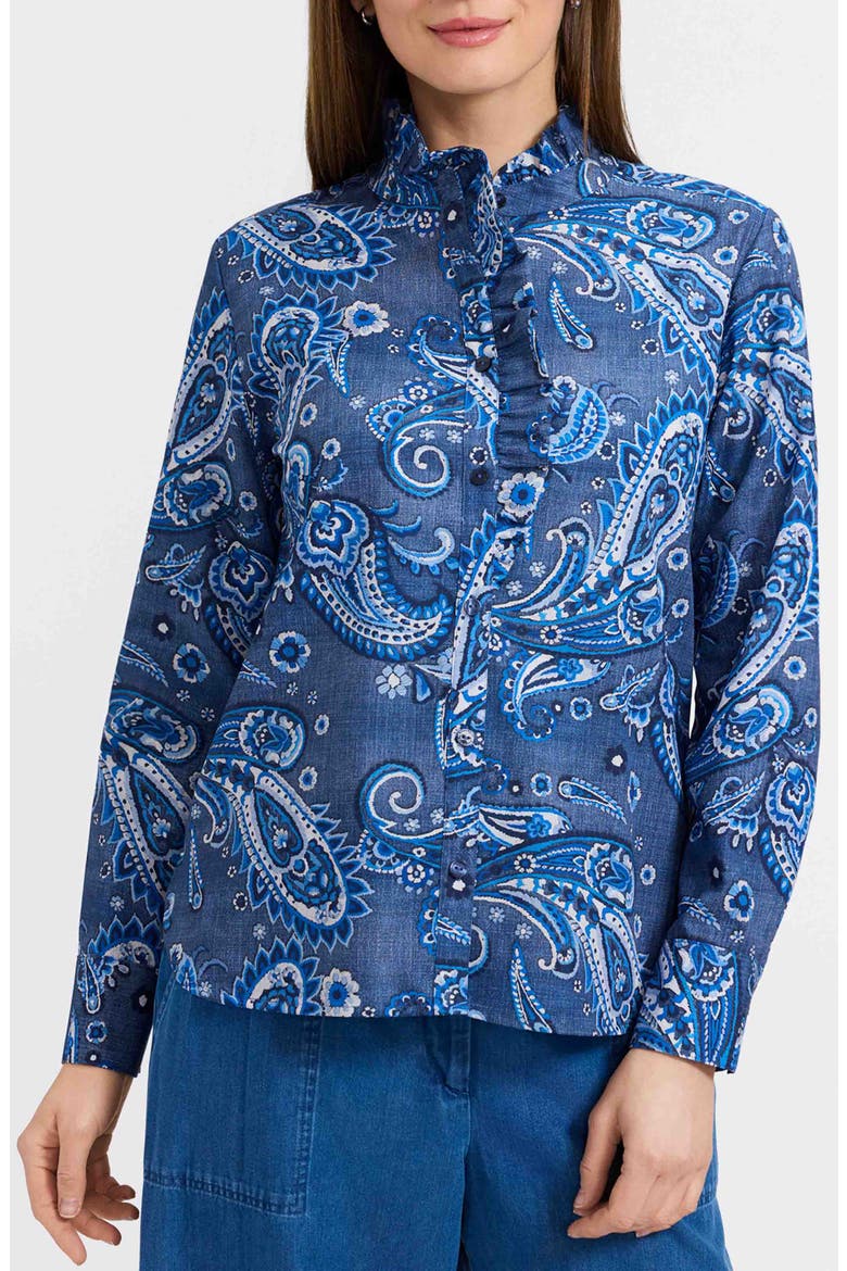 Sadie Paisley Ruffle Cotton Poplin Button-Up Shirt, Main, color, BLUE/ MULTI