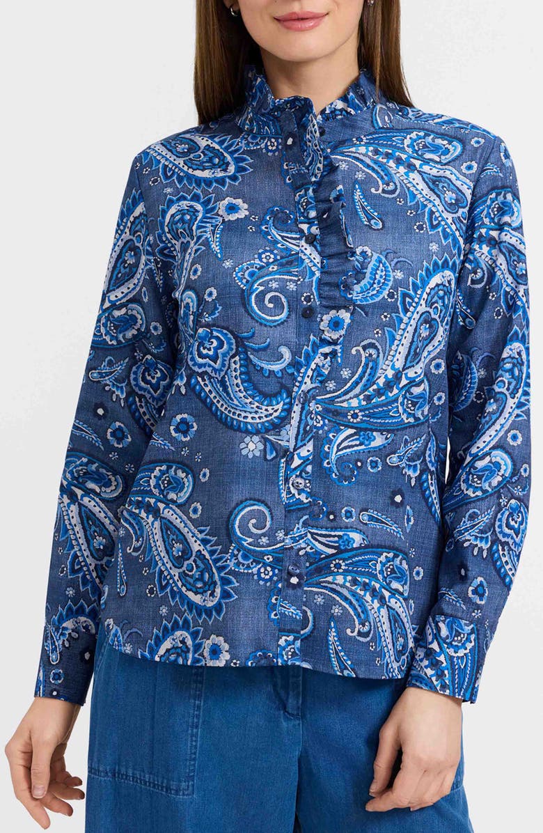 Foxcroft Sadie Paisley Ruffle Cotton Poplin Button-Up Shirt, Main, color, Blue/ Multi