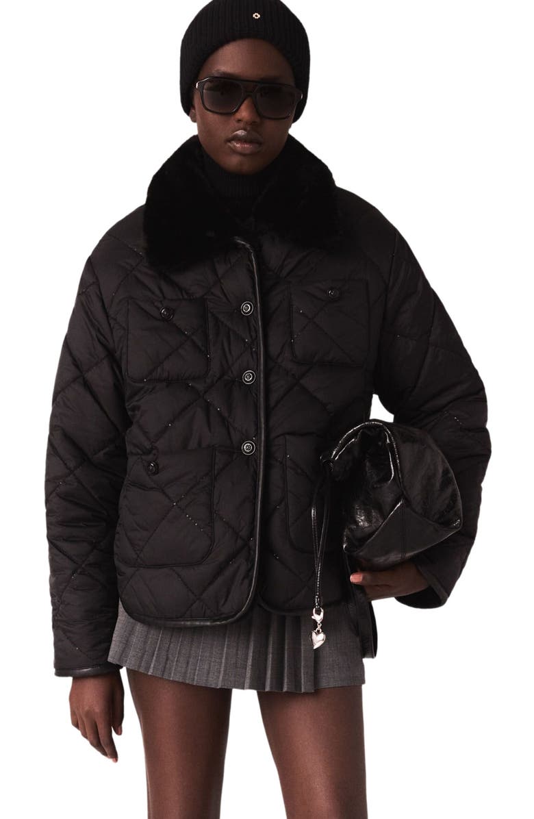 maje Reversible sequin puffer jacket, Main, color, Black