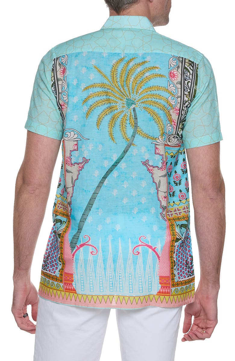 RANEES Extra Trim Fit Print Linen & Cotton Camp Shirt, Alternate, color, Green