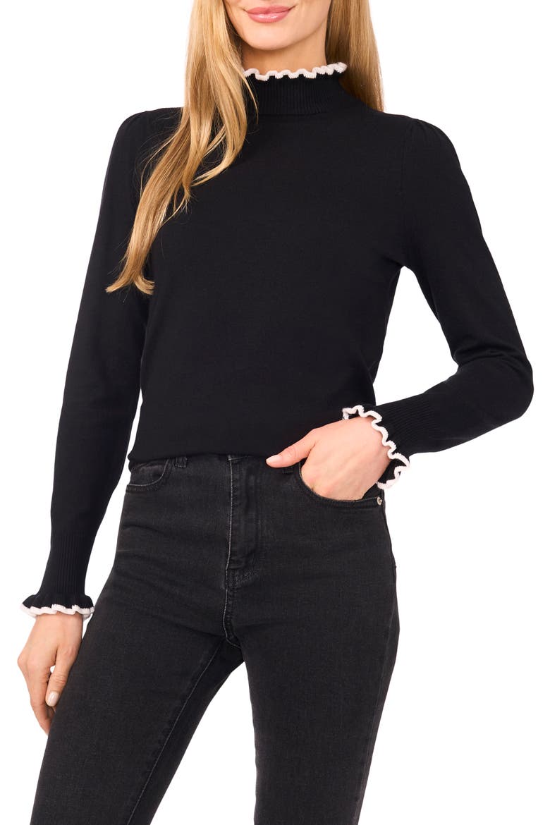 Ruffle Mock Neck Sweater, Main, color, RICH BLACK