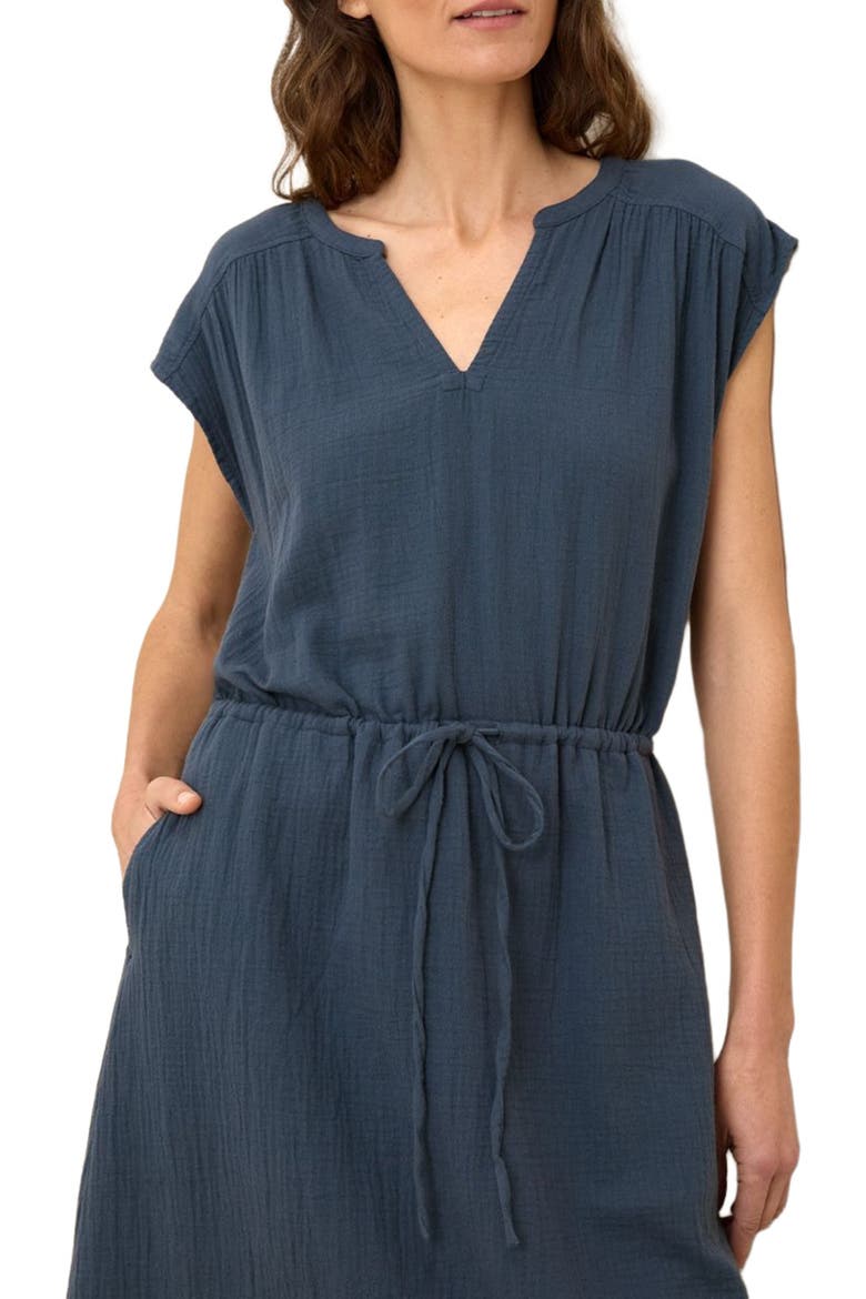 Organic Cotton Coastal Double Gauze Tie Waist Midi Dress, Alternate, color, French Navy