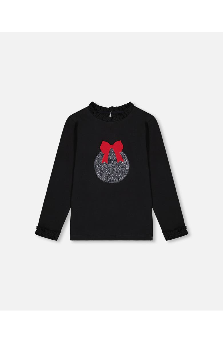 Deux par Deux Girl's T-Shirt With Frill And Print Black, Main, color,