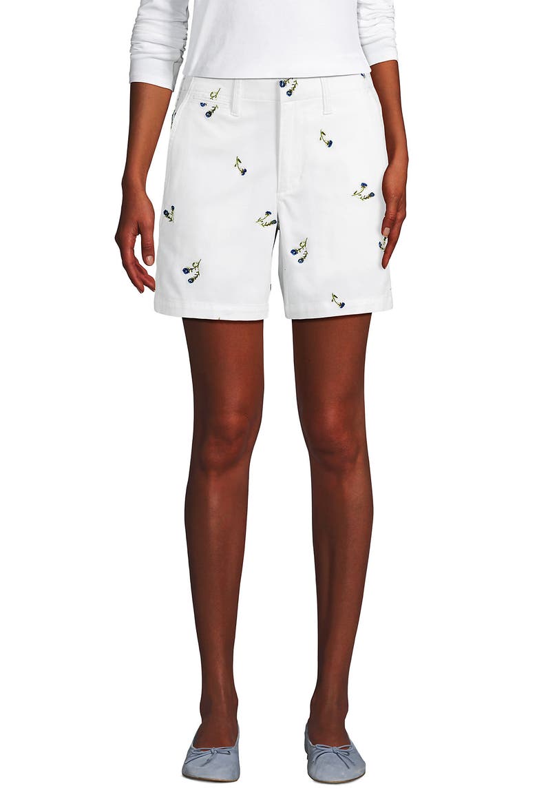 Plus Size Elastic Back Classic 7" Chino Shorts, Alternate, color, White/Blue Floral Embroidery