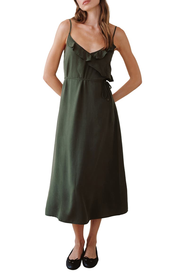 Ruflfe Faux Wrap Removable Tie Belt Midi Dress, Main, color, FOREST ARMY