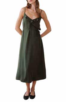 Ruflfe Faux Wrap Removable Tie Belt Midi Dress
