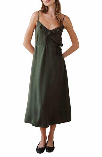 Ruflfe Faux Wrap Removable Tie Belt Midi Dress