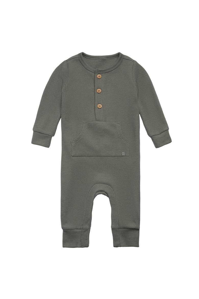 Waffle Knit Romper with Kangaroo Pocket, Main, color, Dark Green