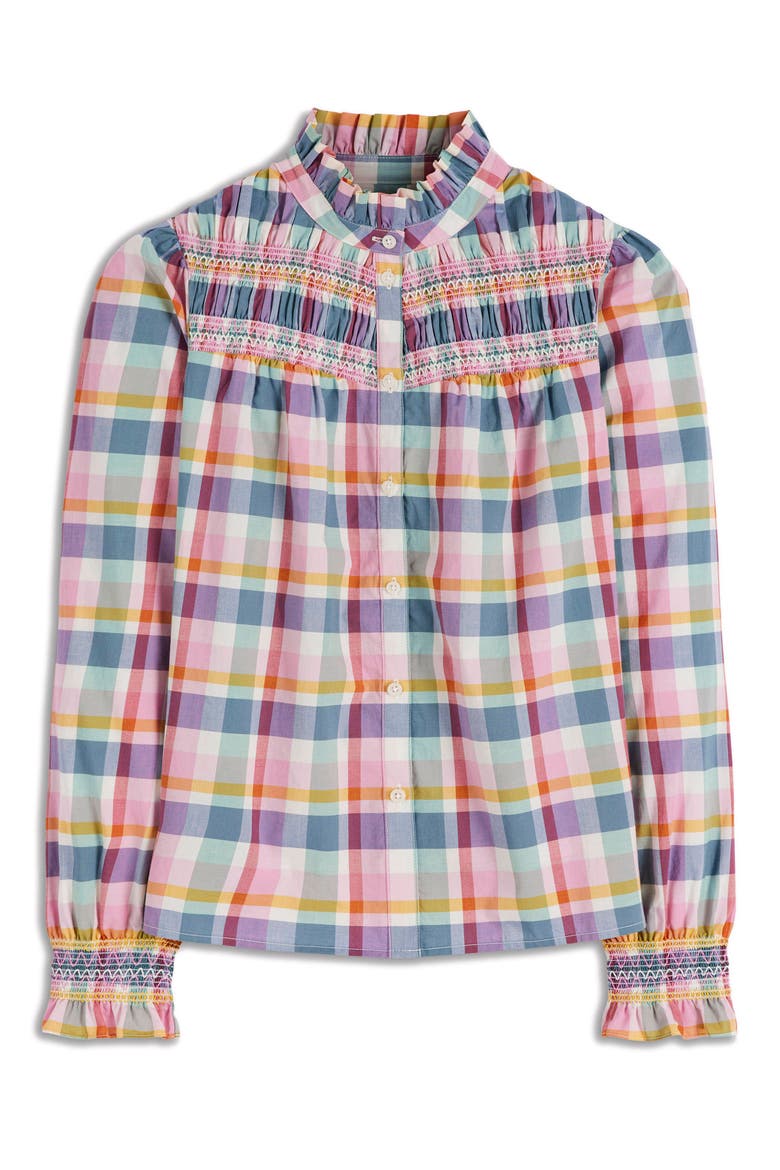 Esme Check Smock Detail Cotton Button-Up Shirt, Alternate, color, MULTI CHECK