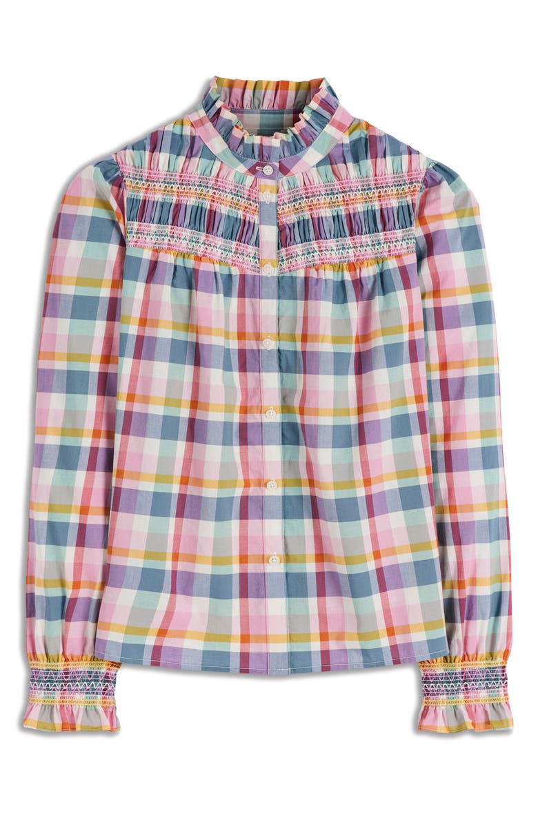 Boden Esme Check Smock Detail Cotton Button-Up Shirt, Alternate, color, Multi Check