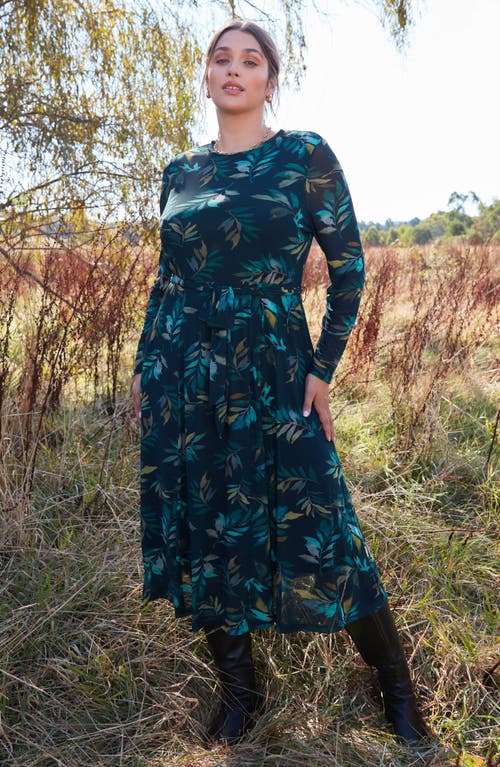 Estelle Foliage Whisper Long Sleeve Midi Dress In Green