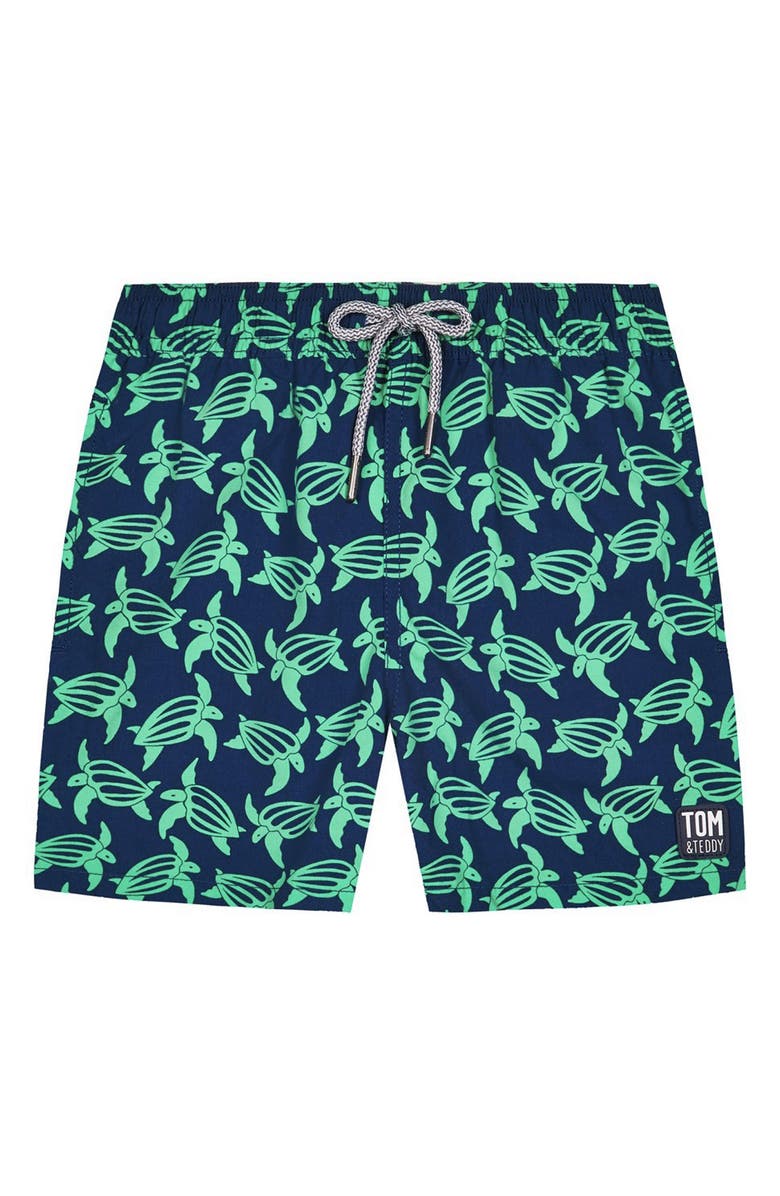Tom & Teddy Kids' Turtle Print Swim Trunks, Main, color, Navy Green