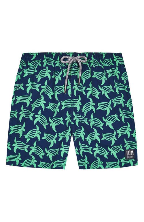 Tom & Teddy Kids' Turtle Print Swim Trunks in Navy Green 
