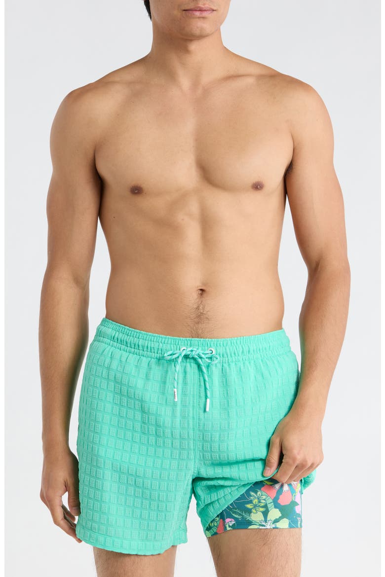 The Soft Lagoons 5.5-Inch Grid Textured Swim Trunks, Alternate, color, TEAL SOLID
