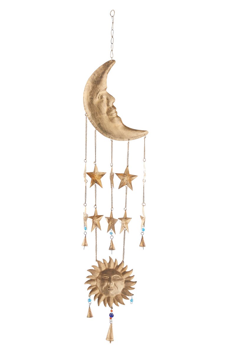 GINGER BIRCH STUDIO Goldtone Metal Moon & Sun Windchime with Glass Beads & Cone Bells, Alternate, color, Gold
