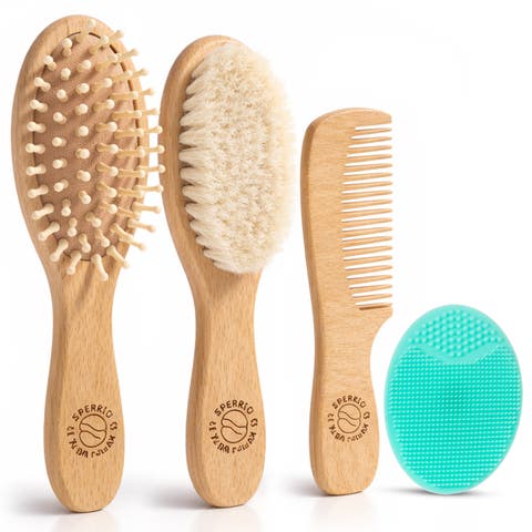 Wooden Baby Hair Brush with Soft Bristle and Comb Set