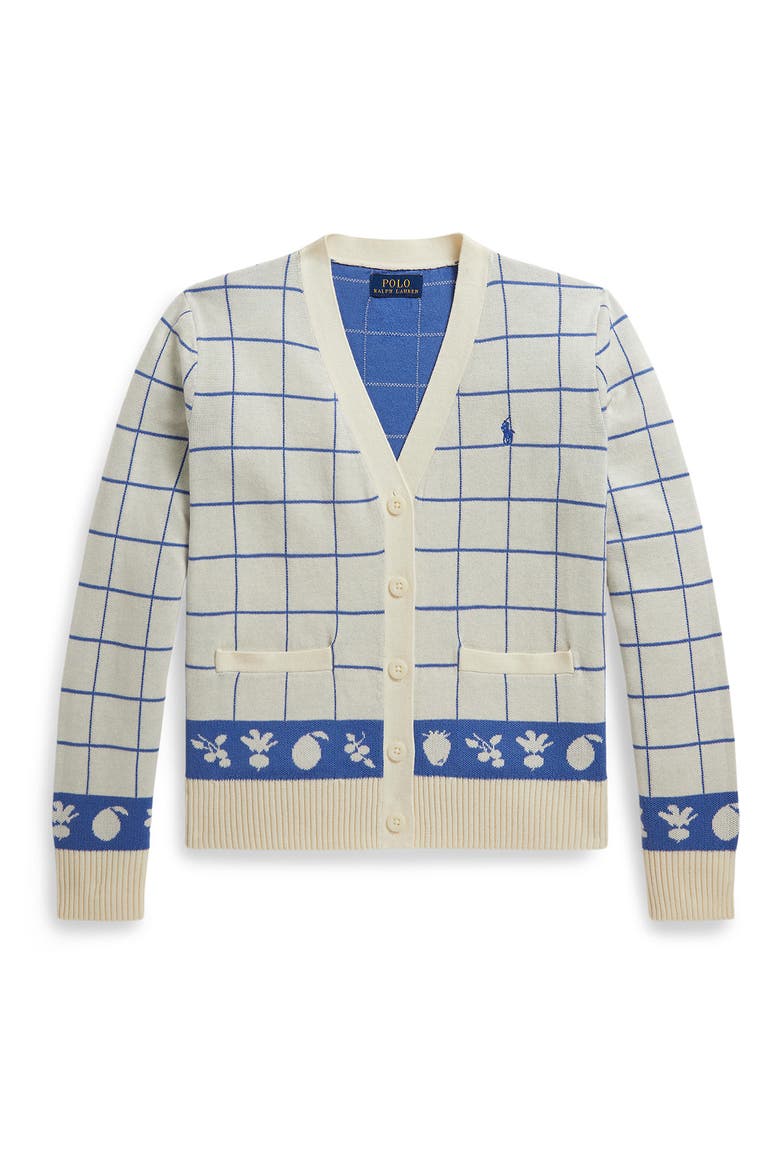 Kids' Windowpane V-Neck Cotton Cardigan, Main, color, CLUBHOUSE CREAM/ INDIGO SKY
