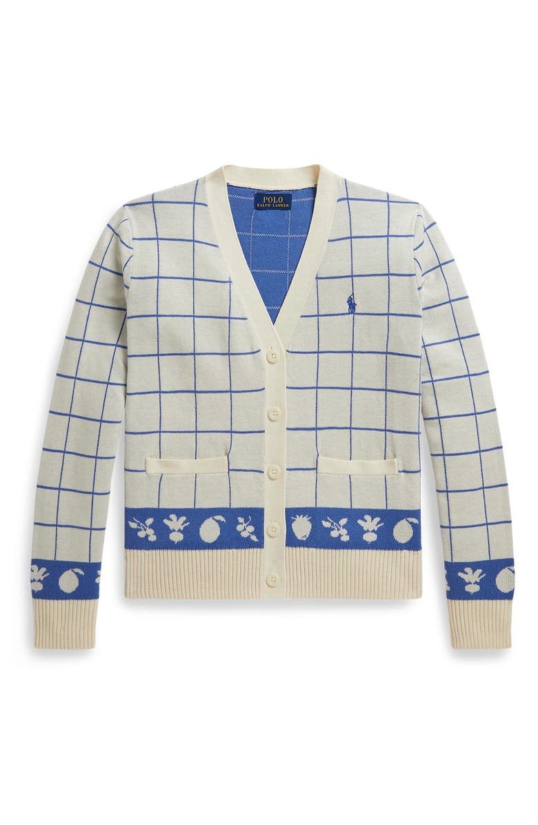 Polo Ralph Lauren Kids' Windowpane V-Neck Cotton Cardigan, Main, color, Clubhouse Cream/ Indigo Sky