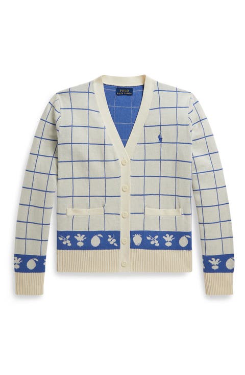 Kids' Windowpane V-Neck Cotton Cardigan (Big Kid)