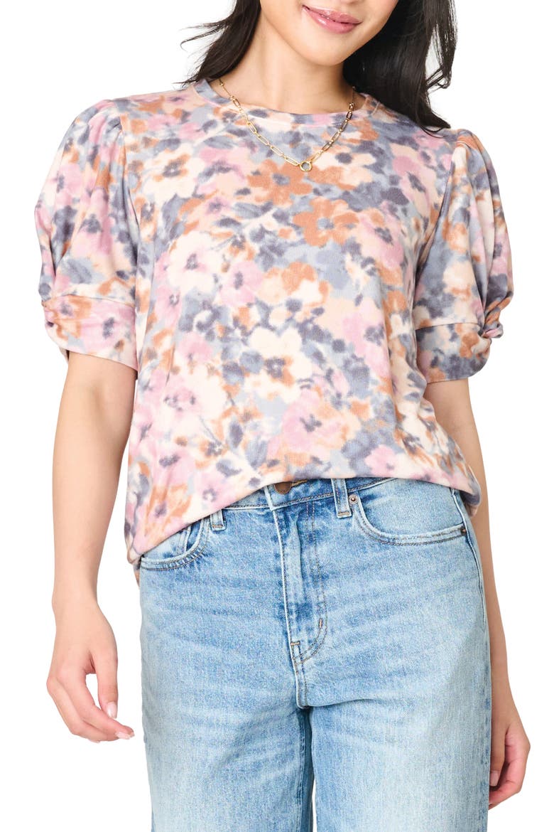 Twist Sleeve Sweater Knit Tee, Main, color, NATURAL BLUES FLORAL