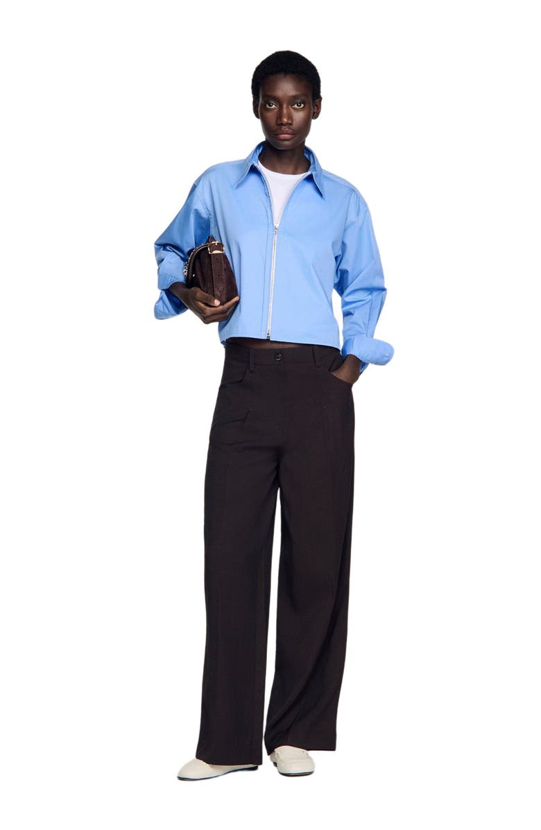 SANDRO Cropped logo zip cotton shirt, Alternate, color, Blue