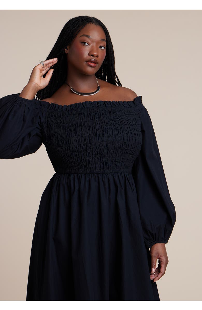 ELOQUII Long Sleeve Smocked Maxi Dress, Alternate, color, Black Onyx