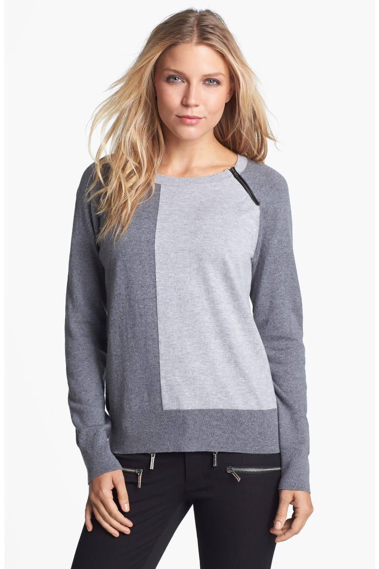Zip Trim Colorblock Crewneck Sweater, Main, color, GREY COLORBLOCK