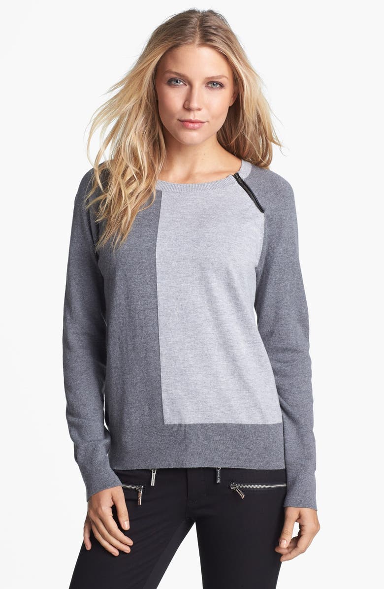 Amber Sun Zip Trim Colorblock Crewneck Sweater, Main, color,