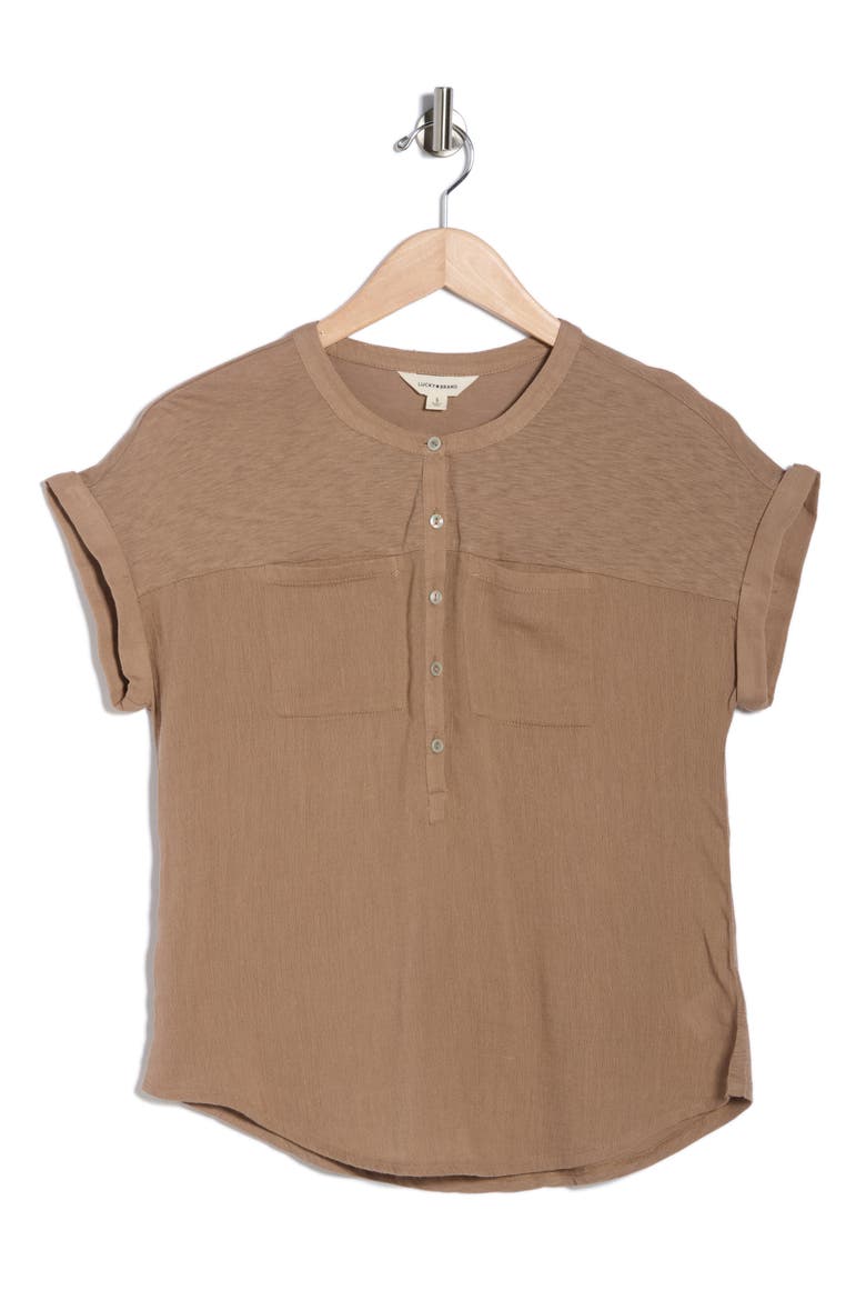 Mixed Media Short Sleeve Cotton Henley Top, Alternate, color, PINE BARK