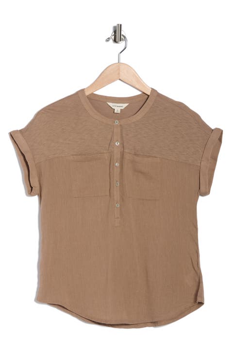 Mixed Media Short Sleeve Cotton Henley Top