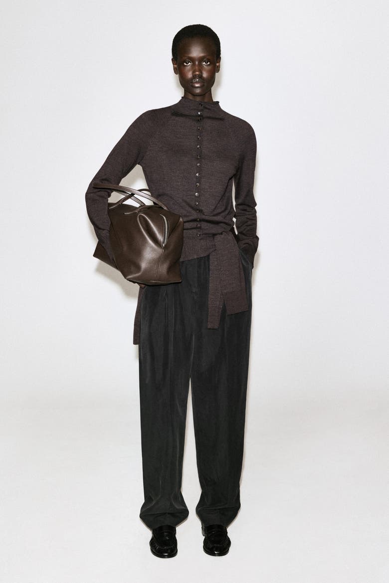 Merino Wool Mock-Neck Cardigan, Alternate, color, BROWN MÉLANGE