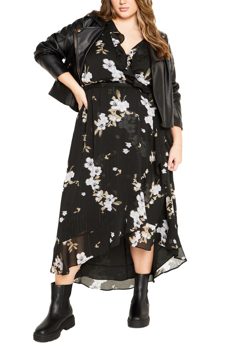 City Chic Ella Jane Metallic Stripe Maxi Dress, Alternate, color, Windswept Floral