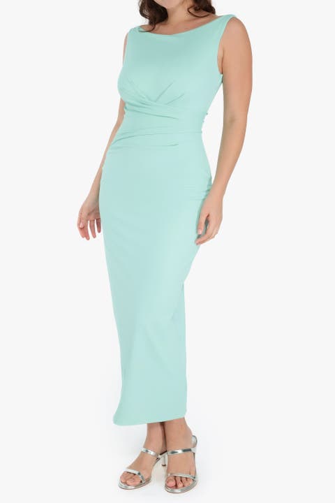 Elegant Boatneck Draped Snatched Sculpting Maxi Shapewear Dress
