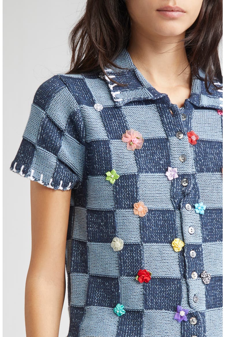 Floral Ribbon Checkerboard Cardigan, Alternate, color, DENIM