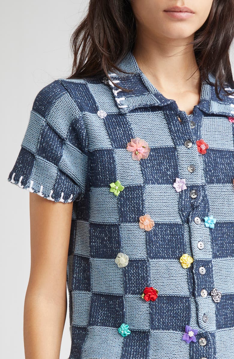 YanYan Floral Ribbon Checkerboard Cardigan, Alternate, color, Denim