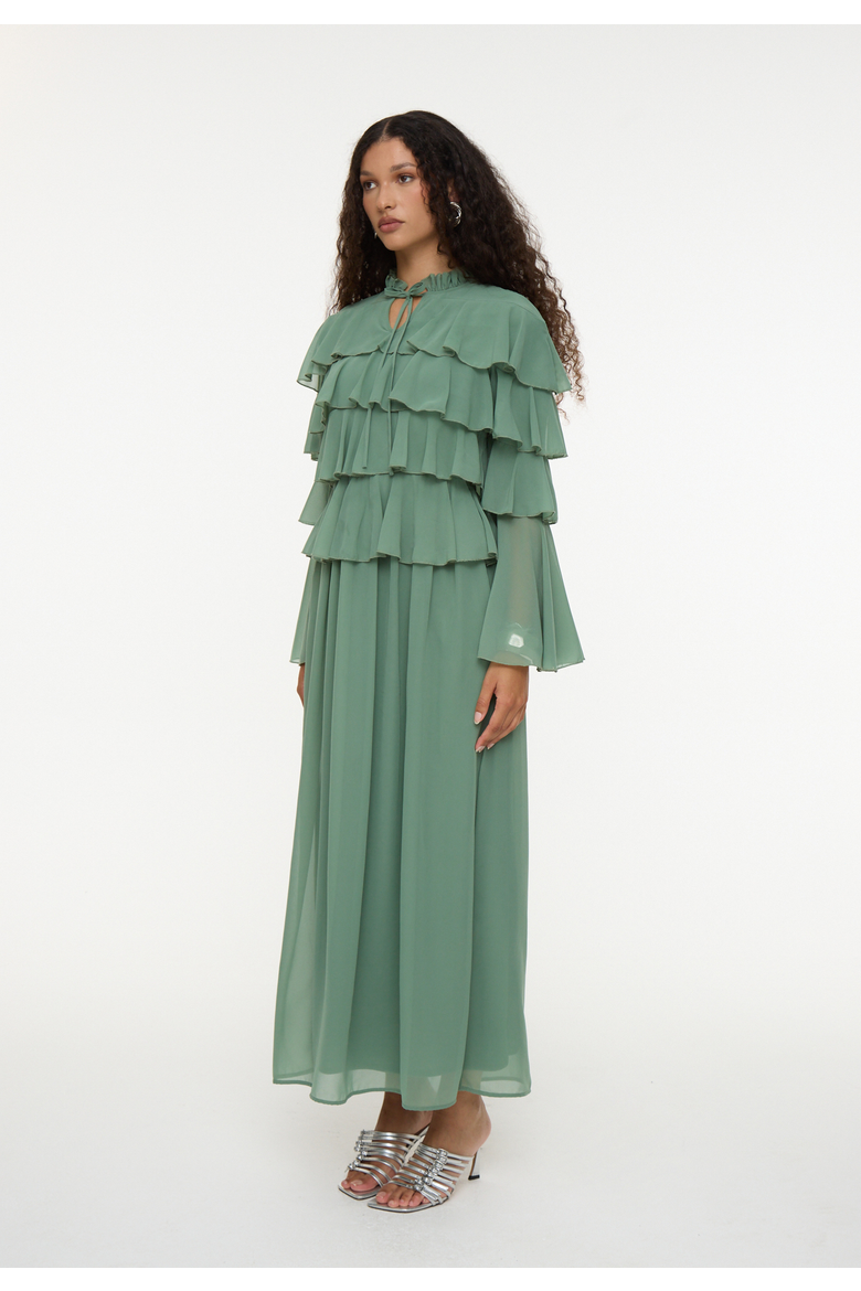 Modest Ruffle Chiffon Dress Maxi With Designer Sleeve, Alternate, color, GREEN