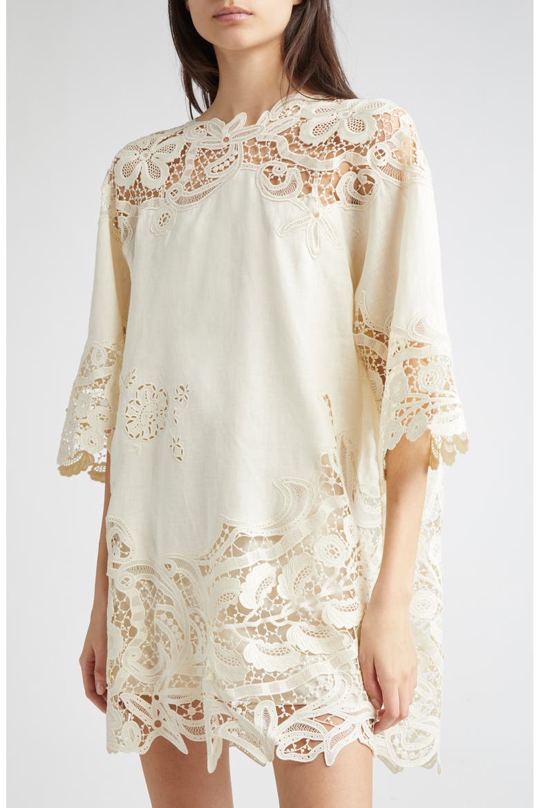 Brinna Lace Trim Linen Top, Alternate, color, PRISTINE