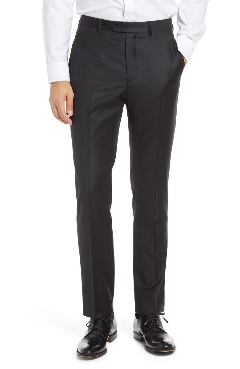 Santorelli Roma Flat Front Loro Piana Wool Serge Dress Pants, Main, color, Black