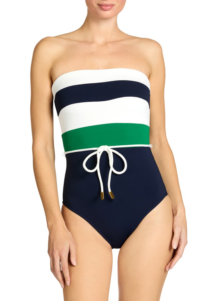 Jacqui Strapless Bandeau One-Piece Swimsuit, Main, color, NAVY/ GRASS/ CREAM